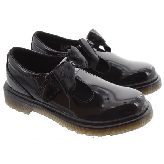 DR MARTENS Kids Polley 2 Bow T-Bar Shoes In Black Patent 