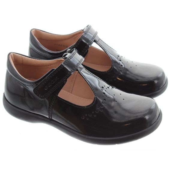 GEOX Kids Naimara T Bar Shoes In Black Patent 