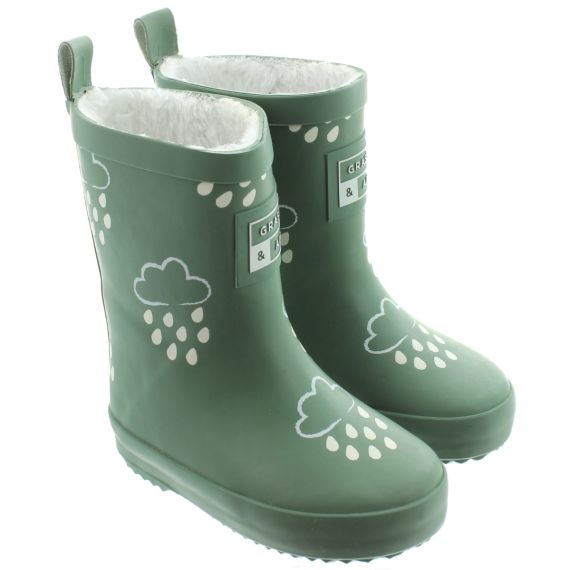 Grass And Air Kids GA309 Fleece Wellys In Khaki 