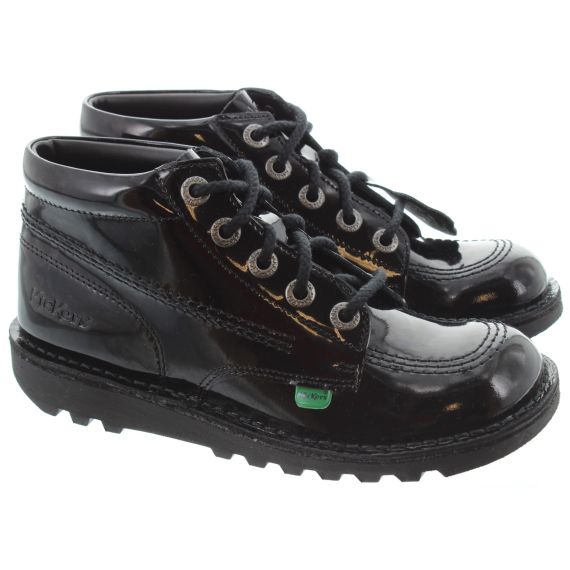 KICKERS Youths Leather Kick Hi School Boots in Black Patent