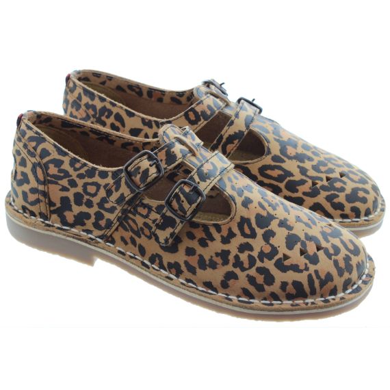 POD Ladies Marley Leather T Bar Shoes In Leopard 
