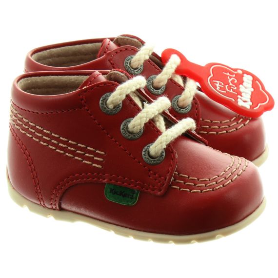 KICKERS Leather Kick Hi Baby Core Shoes in Bright Red