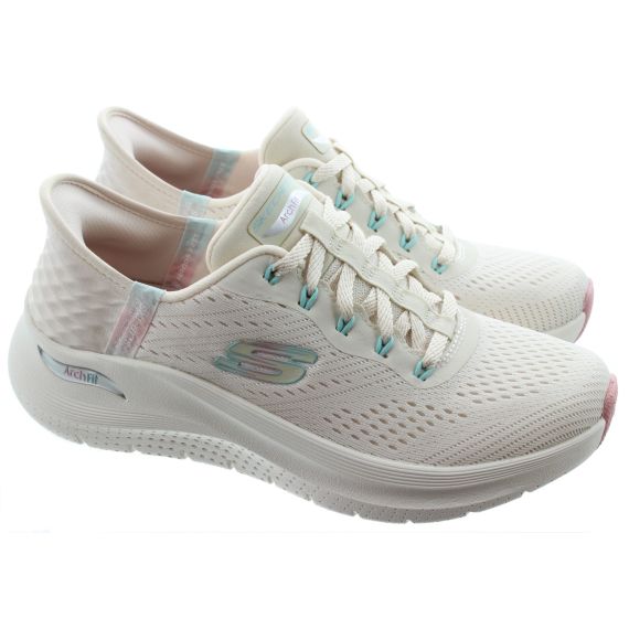 SKECHERS Ladies 150066 Arch Fit Slip Ins Trainers In Natural And Pink 